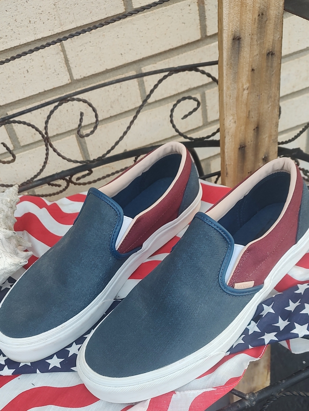 Vans Slip-On Sneakers in Navy with Burgundy Heel